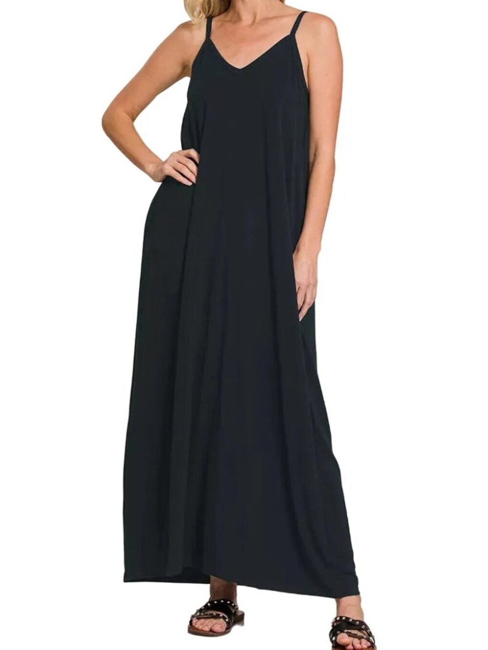 Zenana Side Pocket V-Neck Relaxed Fit Spaghetti Strap Maxi Dress - Picture 6 of 7